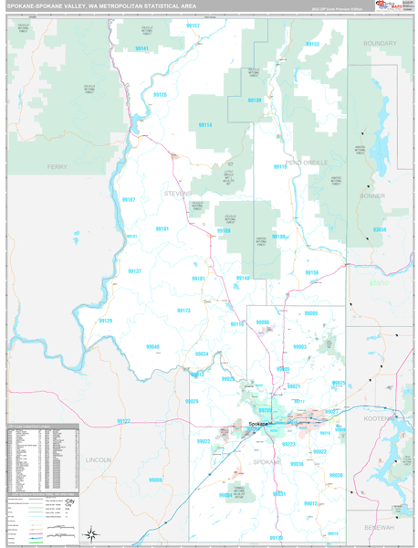Spokane-Spokane Valley Metro Area Wall Map Premium Style